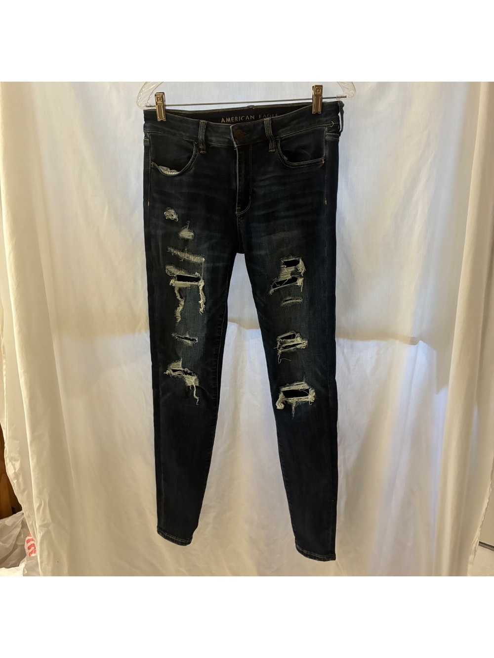 American Eagle Womans Dark Wash Heavily Ripped Y2K Skinny Grunge Jeans Size 8L